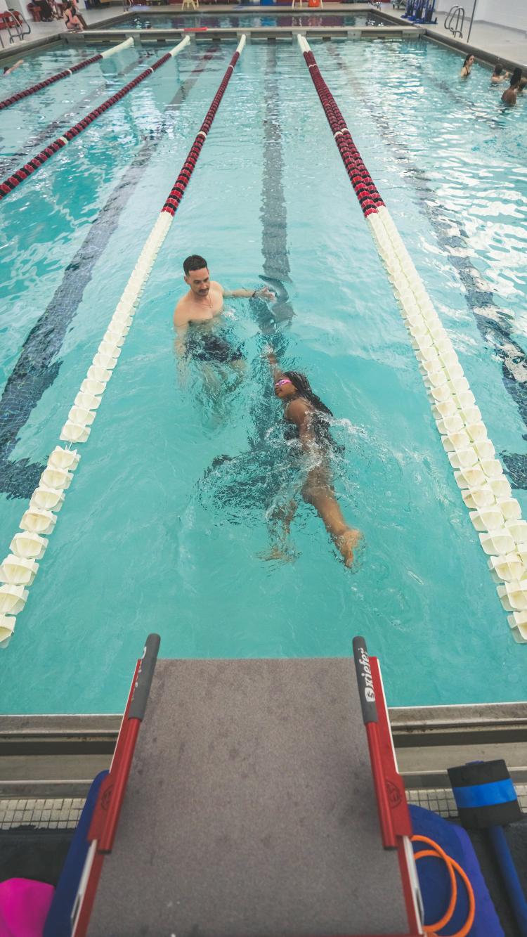 Overhead view of a swimmer training freestyle in a competition lane